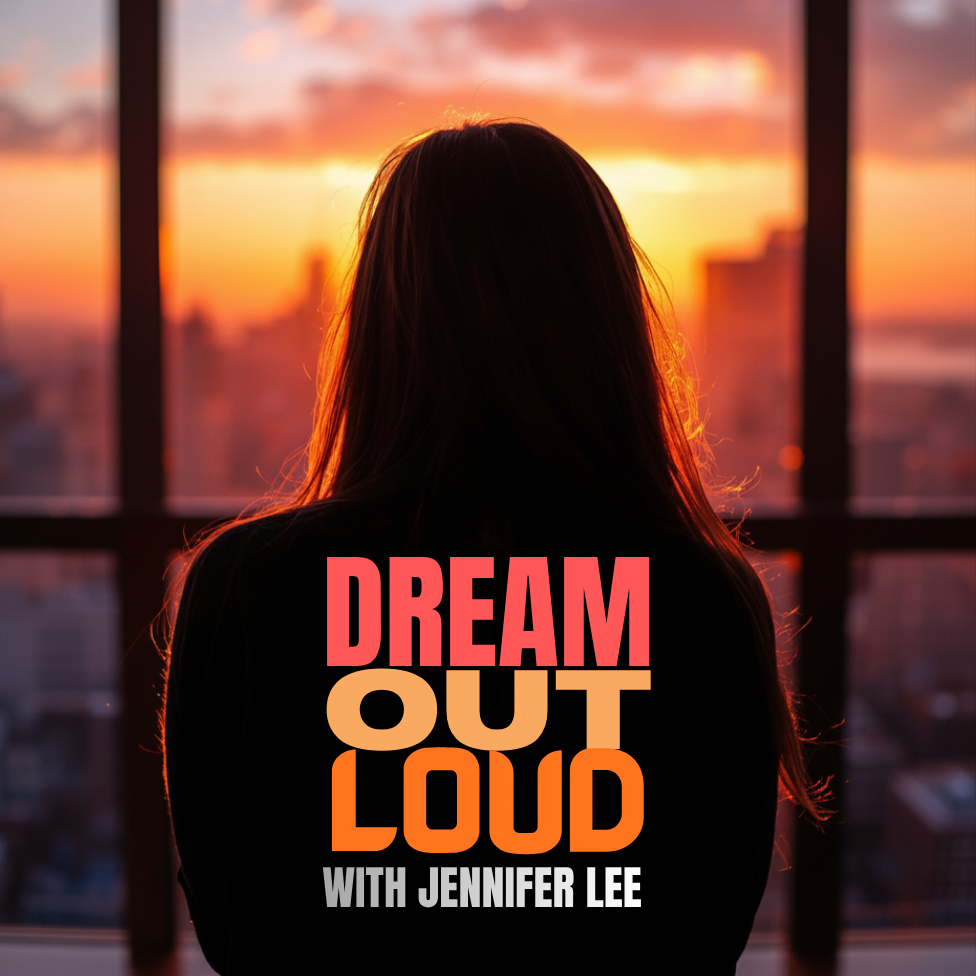 Dream Out Loud podcast cover — dreamy sunset silhouette overlooking a cityscape